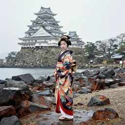 « a geisha with a big flowery kimono on a rusty rocky beach on a rainy day with a giant victorian japanese castle in the background, portra 4 0 0, focal length 5 0 mm, grain, photorealistic in john singer sargent style »