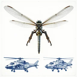 a mechanized dragonfly with wings spread out, landing gear for legs, orthographic view, top down view, bottom view, side view, blueprints, mecha, helicopter, space shuttle, robotic, highly detailed, artstation, super realistic, unreal engine