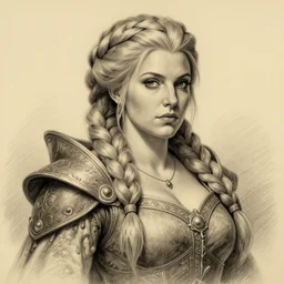 plump female dwarven noblewoman | complex blonde braided hairstyle | hyperdetailed | pencil sketch | pino daeni | waist-up portrait | dungeons and dragons |