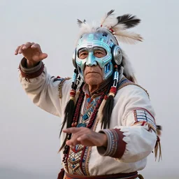 a beautiful portrait of a native american elder with futuristic cybernetic glowing war face paint, dynamic pose, sci - fi, pastel color palette, cyberpunk, by ruan jia, jules bastien - lepage, 8 k