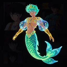professionally painted blacklight neon picture of a colorful anime celestial merman with a fish body, wearing an elegant peacock shirt top with transparent bubble sleeves, golden gloves, and golden jewelry and gems everywhere, art by yuji ikehata and satoshi kon, background art by miyazaki, proper human proportions, full body shot of the character swimming