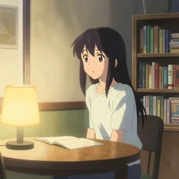 inside a house, anime wallpaper, table with books and lamp, bookshelf, makoto shinkai, pixiv art