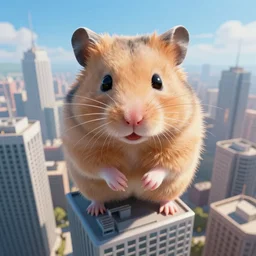 a gigantic hamster, looking down at skyscrapers below, digital art, artstation