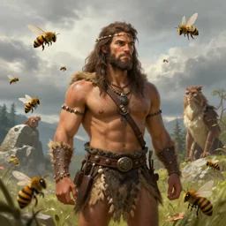 a Hunter from Stone Age, Primal surrounded by bees Greg Rutkowski and Raymond Swanland, Trending on Artstation, cloudy background, ultra realistic digital art