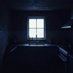 dark blue filter, underexposed photography, dark underground kitchen, windowless