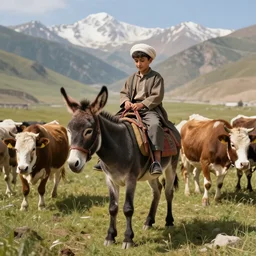 a young boy kurdish shephard riding a donkey herding cows in the kurdish mountains art by martin ansin, highly detailed, 8 k, high resolution, award winning art, incredibly intricate