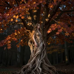 portrait of a dryad, autumn maples by greg rutkowski dark mysterious, filtered evening light
