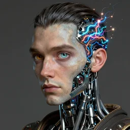 an amish cyborg with one robotic eye, electrical charges sparkling within his hair, highly detailed by peter mohrbacher, hajime sorayama, wayne barlowe, boris vallejo, aaron horkey, gaston bussiere, craig mullins