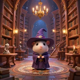 vast library, cute chibi rat wizard, wizard hat, old wizard robe, bookshelves, wooden banks, wooden tables, stairway, mosaic stone floor, 3 d sculpture, 3 d cg, pixar, cel shading, celestial, majestic, cinematic light, candles, chandelier, lanterns, soft light