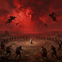 fifth circle of hell, dante's inferno, landscape, cinematic, dramatic, very detailed, far horizon, volumetric, by eugene delacroix, artstation, jessica rossier, dante gabriel rossetti, octane render, vivid, angry red sky, demons on the ground and flying in the sky, 8 k