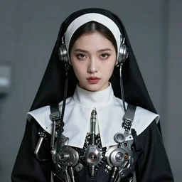 a pretty mechanical intriguing cyberpunk nun girl looking piously at camera, by Petra Eriksson