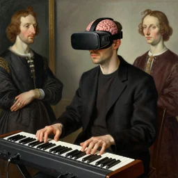 man wearing synthesizer - vr - brain - interface. painted by francis bacon, hieronymus bosch, giuseppe arcimboldo, albrecht durer digital art.