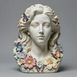 a beautiful portrait sculpture designed by Sandra Chevrier, flowers and butterflies