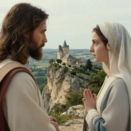 an extreme close - up photo of jesus and mary magdalene standing on a cliff looking over a beautiful landscape in france, rennes - le - chateau, award winning photo, very detailed, very realistic cinematic