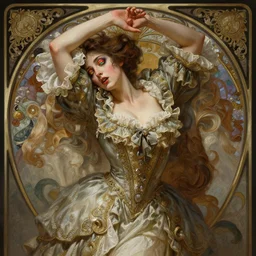 portrait of tragedy, expressive pose, acrobatic, rainbow eyes, ornate frilly dress, fantasy, intricate, elegant, highly detailed, digital painting, artstation, concept art, smooth, sharp focus, illustration, art by artgerm and greg rutkowski and alphonse mucha, octane render