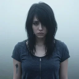 an emo girl, black hair, standing in the fog, 2006