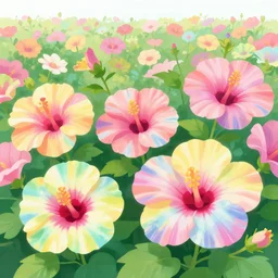 digital illustration of a field of giant vibrant tie - dye hibiscuses by dr. seuss, reimagined by ilm and beeple : 1 | megaflora, chromatic, rolling hills : 0. 9 | fantasy : 0. 9 | unreal engine, deviantart, artstation, hd, 8 k resolution : 0. 8