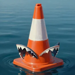 orange and white striped traffic cone with shark teeth jutting out of it, ocean background detailed atmospheric - ron cheng & alphonse mucha, highly detailed, digital painting, ray tracing, concept art, illustration, smooth sharp focus, intricate, symmetry, artstation,