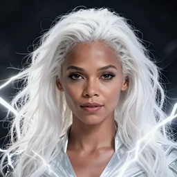 halle berry as the character strom from x - men, white hair, lightning beings, epic splash cover art, meeting chadwick boseman black banther, by artgerm, greg rutkowski, james gurney, alex ross