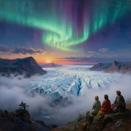 a detailed landscape painting of a misty glacier on an alien world at dusk. aurora in the night sky. science fiction. cinematic sci - fi scene. landscape and science fiction theme with, vivid lighting. clouds and stars. futurism. fantasy. by tuomas korpi and carl spitzweg. baroque elements. baroque element. intricate artwork by caravaggio. oil painting. oil on canvas. award winning. dramatic. trending on artstation. 8 k