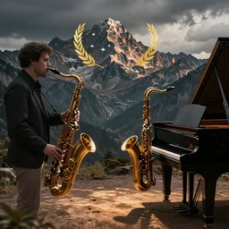 an ai landscape of a jazz world where the mountains are saxophones and the ground is a piano