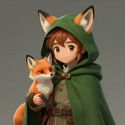 a concept art of a cute hobbit boy wearing a dark green cloak with a hood that has fox ears on it holding a fox, trending on artstation, digital art, dungeons and dragons, realistic, Anime