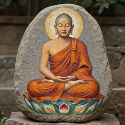 a meditating monk sitting on a stone painted in the style of anderson debernardi