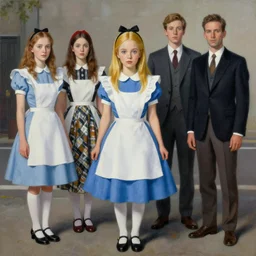 pop surrealism, lowbrow art, realistic cute alice dress painting, japanese street fashion, hyper realism, muted colours, rococo, natalie shau, loreta lux, tom bagshaw, mark ryden, trevor brown style,
