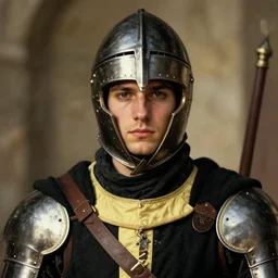 Medium closeup young idealistic and pious male Imperial soldier wearing a black tabard with light yellow accents over a gambeson and a medieval helm, by Raymond Swanland Greg Rutkowski Lise Deharm, {perfect face}, {perfect eyes}