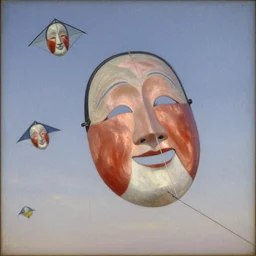 wind kites in the form of noh masks in the sky, peaceful, joy, copper plate, realism, odilon redon, outline