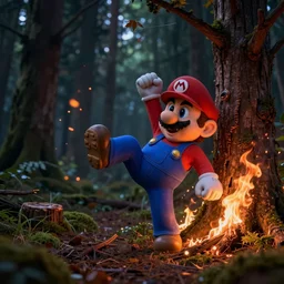 mario with black eyes kicking a burning tree in a forest, dark colors, shadow rich, high detail,