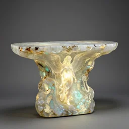biomorphic glass console table by Maitland-Smith, made of boulder opal, glowing, intricate design, sacred, angelic, divine, museum lighting