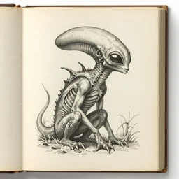 vintage book entry for a strange alien creature, incredible detail