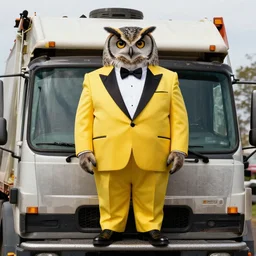 obese physique feathered round beak Portrait of Henry James camouflaged as Owl whilst wearing a yellow tuxedo Standing atop a Garbage Truck Greg Rutkowski Vik Muniz clarence holbrook carter Andrew Wyeth Dan Witz