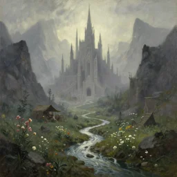 bazaar of the dwarven megacity of streams and flowers, located between the mountains. oil painting by award - winning visual concept artist, gothic horror, impressionism, depth of field, backlighting, minimalism