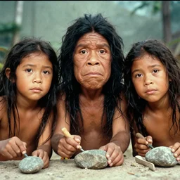 portrait of little cuties 3 times oversized head caveman make a stone tool, a colorized photo, colorized, # film, movie still