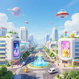 a new future urban city, white buildings + colorful decorative + led billboards + brand logo + pedestrian crossing, central electronic fountain, cute future vehicles, cute spacecraft flying in the air, many pokemon walking on the street, cute scene, landscape, huge universe, alien planet in the sky far away, game center + sports center buildings, 3 5 mm lens, dokev, ratchet & clank, overwatch, splatoon 3, big hero 6, zootopia,