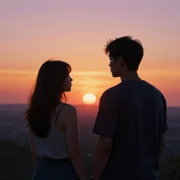 a synthwave sunset with a man and woman staring at the sunset