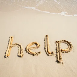 twinkies spelling out the word help on the beach