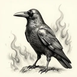 armoured crow on fire with metal features, pencil and ink, very detailed, jonathan pointer, janie penny, david finch,