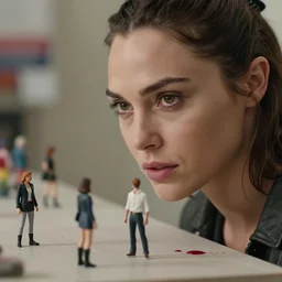 beautiful hyperrealism three point perspective film still of gal gadot blood scene in kill bill, extreme closeup portrait in style of frontiers in porcelain miniature street photography seinen manga fashion edition, miniature still life, eye contact, tilt shift style scene background, soft lighting, kodak portra 4 0 0, 8 k, macro, cinematic style by emmanuel lubezki