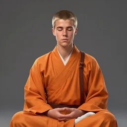 portrait of justin bieber as a shaolin monk meditating by ralph horsley, rossdraws, ilvya kuvshinov, orange robes, matte painting, highly detailed, pixar, maya, artstation