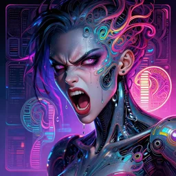 I have no mouth and i want to scream, cyberpunk angry gorgeous android, William Gibson, neon, fibonacci, sweat drops, insane, intricate, highly detailed, digital painting, artstation, concept art, smooth, sharp focus, illustration, Unreal Engine 5, 8K, art by artgerm and greg rutkowski and alphonse mucha