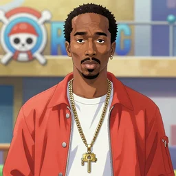 A still of Tupac Shakur in One Piece Anime Series, 8k Resolution. Tupac