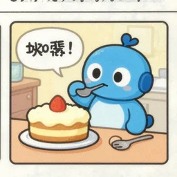 scanned image of newspaper cartoon strip, blue cute robot bakes a cake but cannot eat it