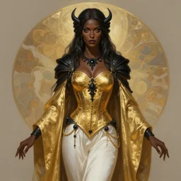 Portrait of a Holy Necromancer, female, dark brown skin, beautiful, golden robes, white pants, exquisite black accessories, golden corset, highly detailed, smooth, sharp focus, digital painting, illustration, fantasy, by Krenz Cushart and Artem Demura and alphonse mucha, artstation, cgsociety