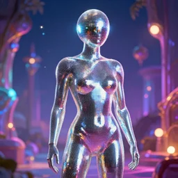 hyper realistic humanoid disco diffusion style. bright colorful lights in a fantasy landscape. professional digital art.
