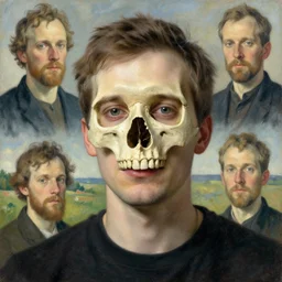 a portrait of a male character who has the broken nose of a skull in a scenic environment by Ross Tran and by Jesper Ejsing and by Mikalojus Konstantinas Ciurlionis