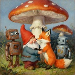painting depicting a gnome and a fox embracing under a large mushroom, a friendly rusty robot, gnome, fox, robot, in the style of peter mohrbacher, michael cheval