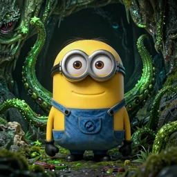 Minion as Lovecraft's monster, tentacles, evil, dark colours, green colours, high resolution, 50 mm, extremely realistic, cave